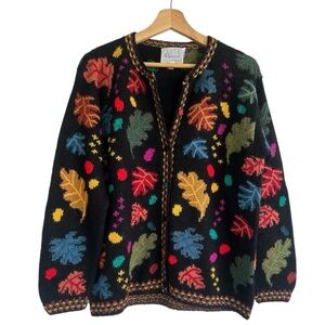 Vintage Touch Alpaca Leaf Print Baby Alpaca Cardigan Sweater Sz M